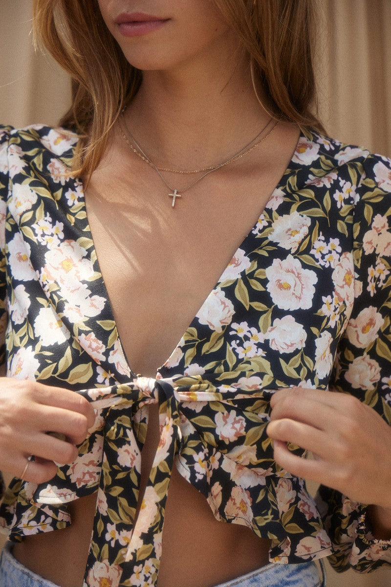 Long Sleeve Tie Front Crop