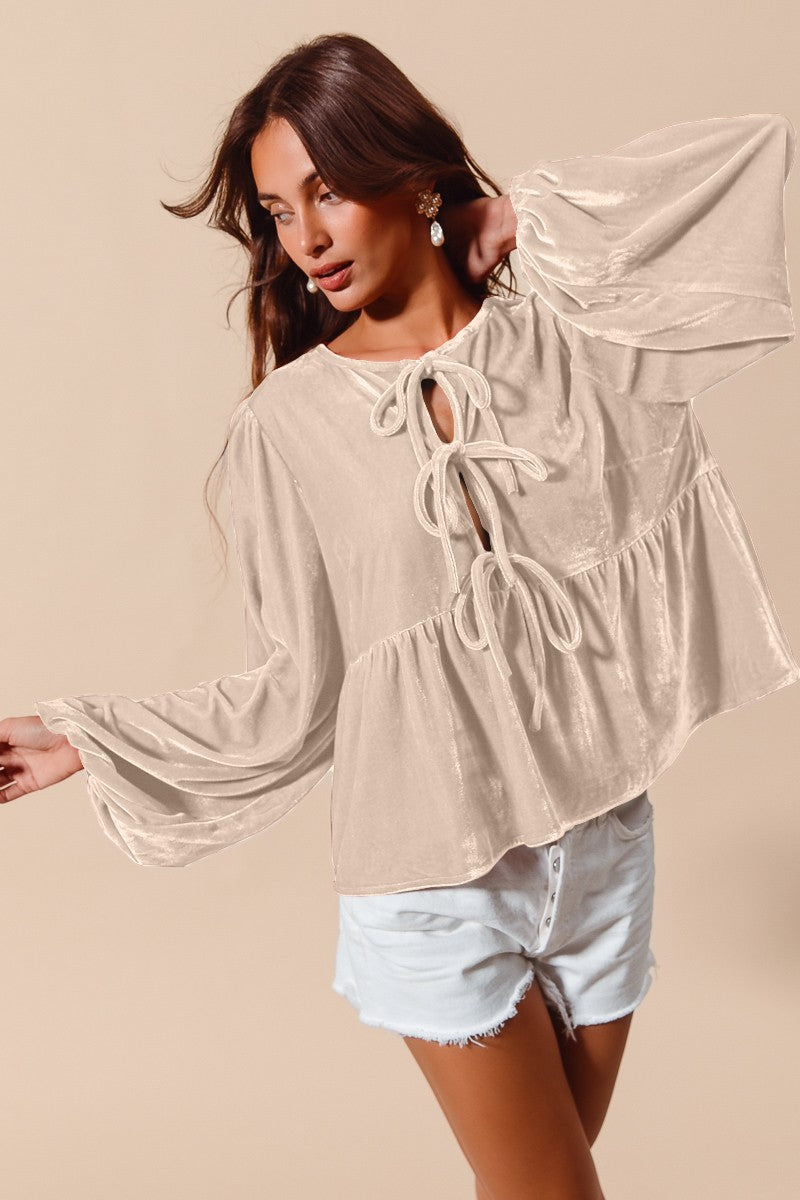 Front Tie Velvet Holiday Blouse