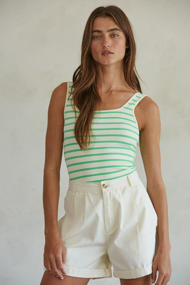 Green Striped Ribbed Bodysuit
