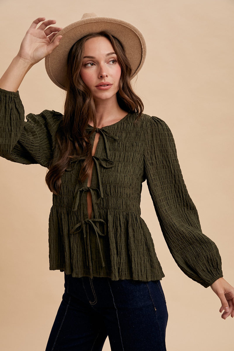 Olive Tie Front Blouse