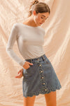 Scallop Button Front Denim Skirt