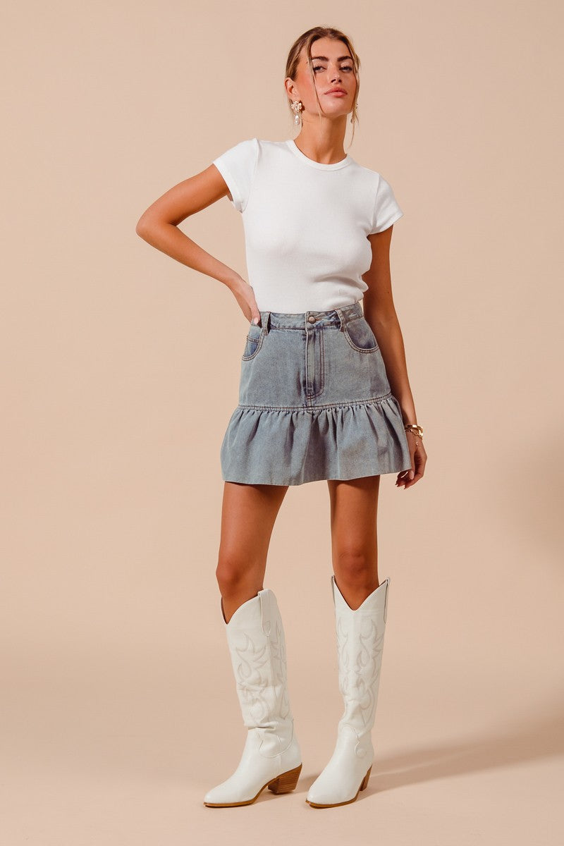 Ruffled Hem Denim Skirt