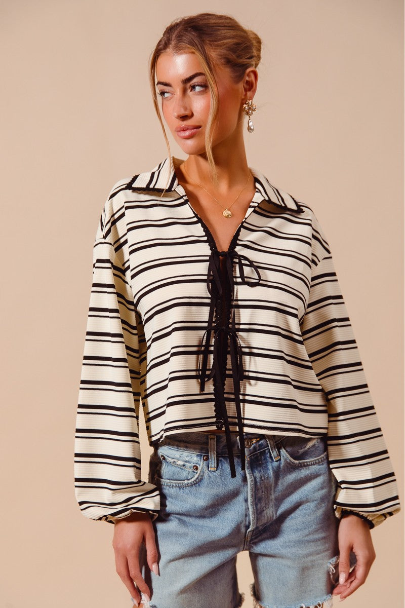 Striped Lace Trim Tie Top