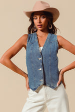 V-Neck Washed Denim Vest