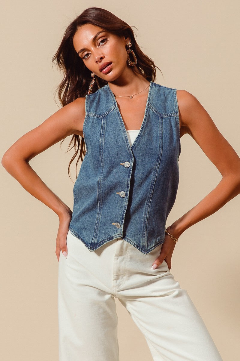 V-Neck Washed Denim Vest