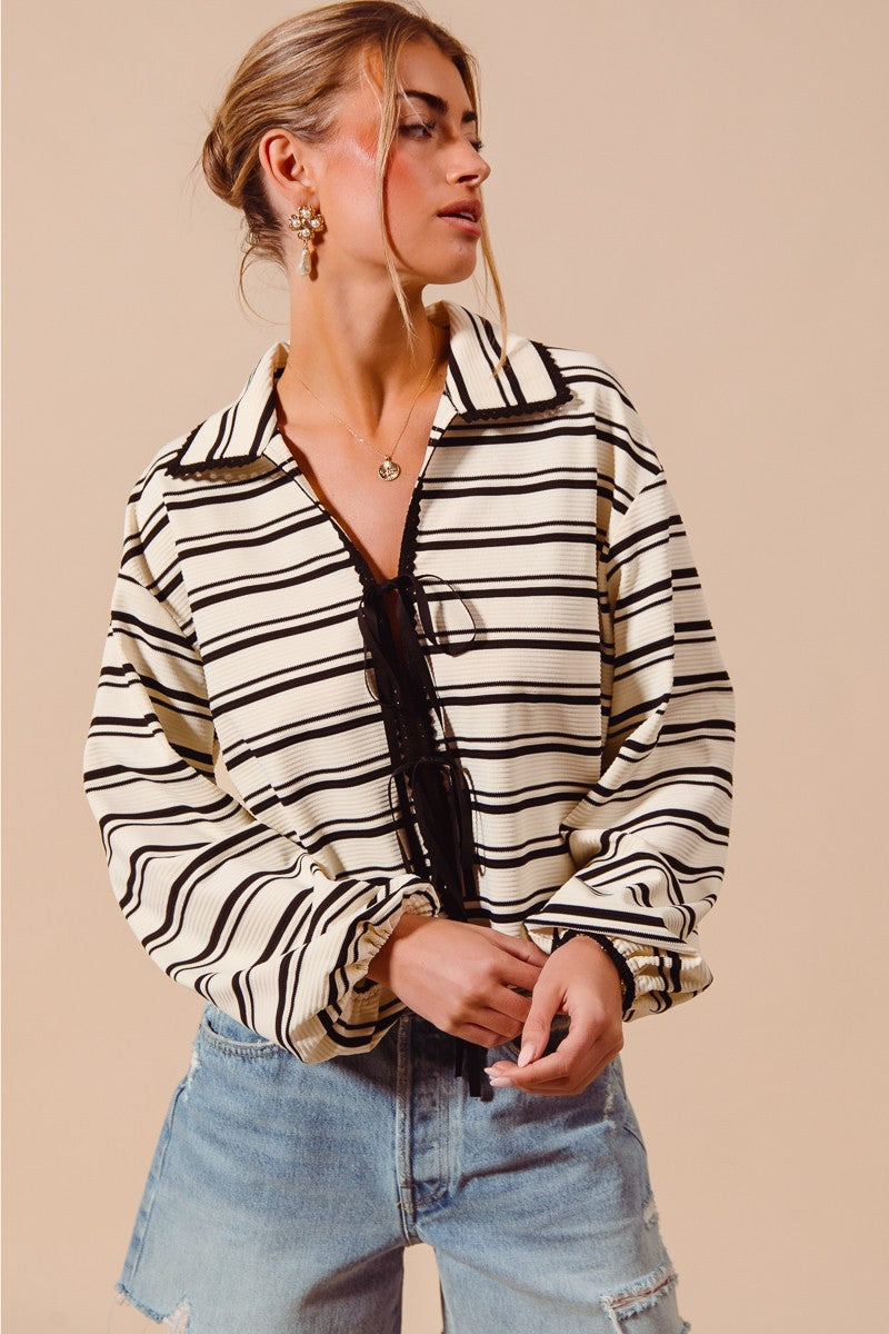 Striped Lace Trim Tie Top