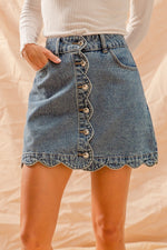 Scallop Button Front Denim Skirt